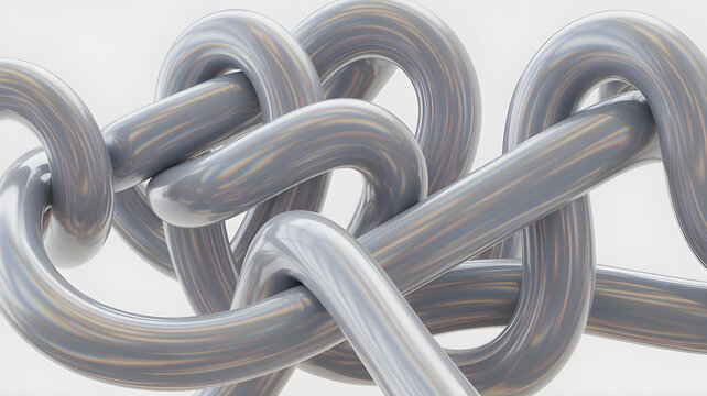 Close up view of interlocking silver metallic links creating a complex abstract tangle or knot structure against a bright background