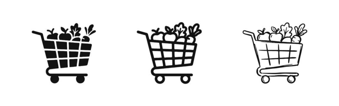 Shopping Cart with Vegetables Icon Set - Healthy Grocery and Food Market