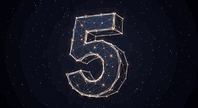 Number five constructed from a complex digital wireframe structure highlights a countdown or a top five list.