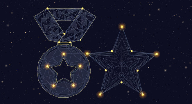 Medal and star symbols emerge as glowing geometric constellations against a deep space background representing digital achievement.