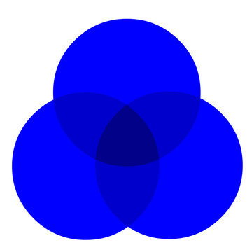 Blue triple transparent intersection areas. Three circles. Light, dark, set colors, venn schematic representation elements. Illustration vector	
