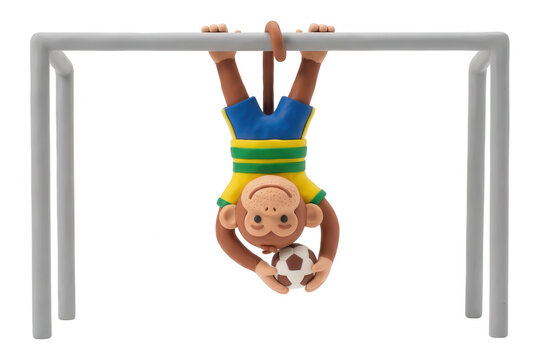 Monkey character in soccer uniform hanging upside down on a goalpost with a ball isolated on transparent background