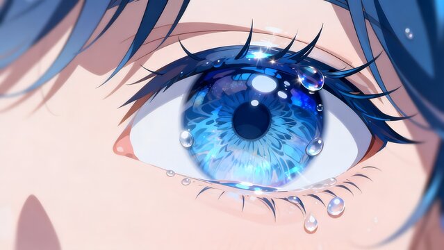 Closeup of an animated eye with tears