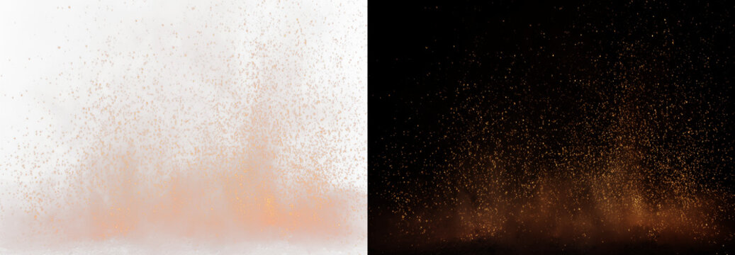 Bright red smoldering sparks with glowing ash and fiery dust on split background. Dynamic burning fire effect with vivid radiant heat.
