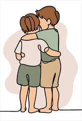 Obraz premium Sibling Hug Single Line Art Vector Illustration – Minimalist Brother and Sister Outline Drawing for Family Love, Childhood Memory and Modern Wall Decor