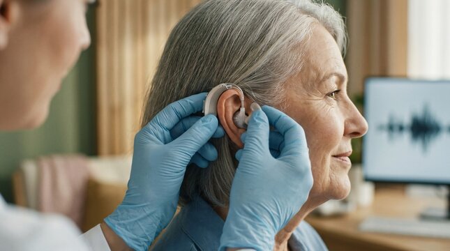 Audiologist placing modern hearing aid into ear of senior woman. Medical professional helping patient with hearing loss during consultation. Innovative otolaryngology equipment and care.