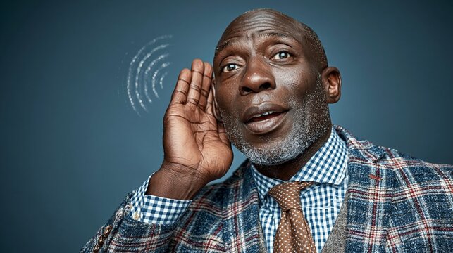 A man in a jacket cups his hand to his ear &mdash; focusing on sound &mdash; creating a conceptual backdrop for audio technology, listening and communication skills.
