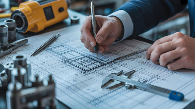 Engineer in professional attire carefully drawing technical specifications on a blueprint surrounded by precision tools for manufacturing design.