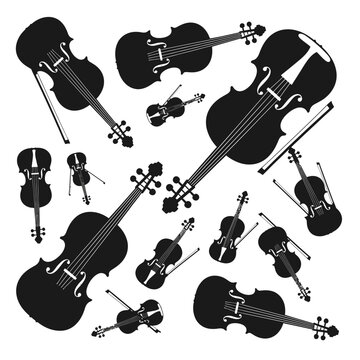 Abstract musical instrument silhouettes, violin shapes, and orchestral theme
