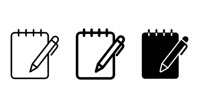 Notebook and Pen Icons, Writing and Note Taking Symbols, Vector Set