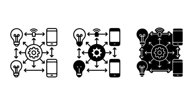 Connected Technology Icons: Smart Devices, IoT, Network Hubs, and Innovation