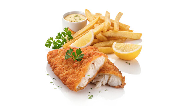 Crispy fried fish fillet served with golden french fries and lemon for seafood restaurant menus isolated on transparent background
