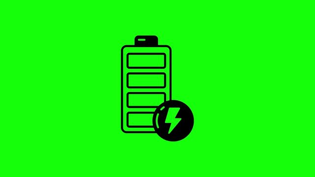 Animated battery charging icon on a green screen, illustrating power levels and energy replenishment for electronic devices.