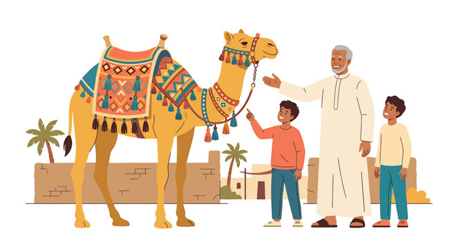 Desert camel, family, traditional clothing, Middle Eastern culture, vector illustration