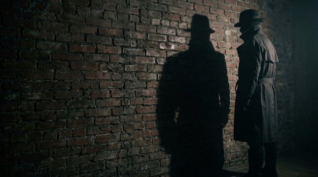 Two men in trench coat and hat standing by brick wall in dark alley. Mystery detective shadow scene. Film noir crime thriller cinematic concept, underground secret meeting.