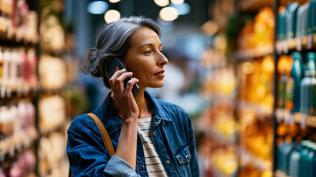 Thoughtful woman pretending to speak on phone while shopping in store, consumer lifestyle concept, candid retail environment, modern fashion style, softly defocused shelves,