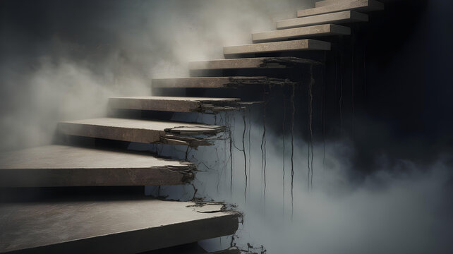 Eerie broken concrete stairs disappearing into thick mysterious fog represent a daunting challenging path forward toward uncertainty.