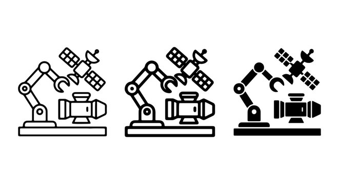 Robotic Arm Assembly, Satellite Construction, Industrial Automation Icons