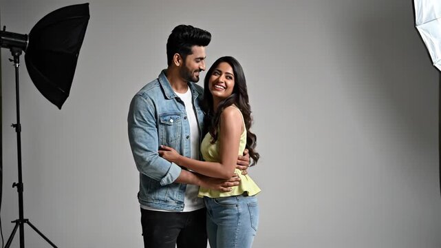 indian couple hugging and laughing in photo studio during professional photoshoot. happy man and woman standing together against grey background. romantic relationship, lifestyle blog