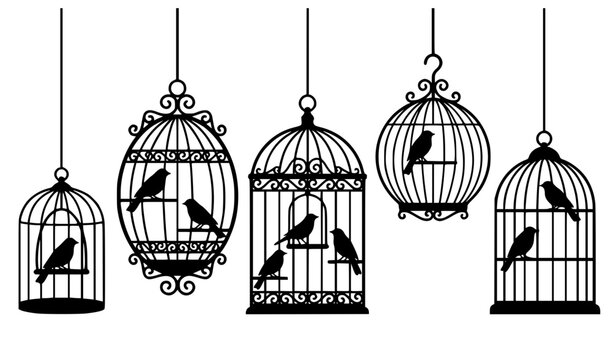 Black bird cage silhouette vector set with vintage hanging cages isolated on white background