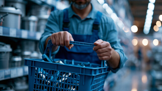 Worker in blue overalls shopping for tools and equipment in a warehouse style supermarket, industrial retail concept, hardware shopping, monochrome commercial aesthetic, realistic