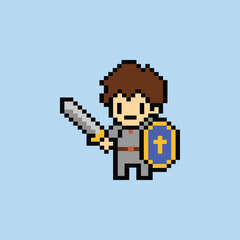 Fototapeta premium Cute Simple Pixel Knight Avatar of Medieval Hero Character on Soft Blue Background