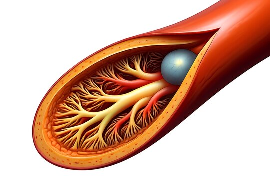 Cross section of red blood vessel with branching capillaries and blue sphere artery