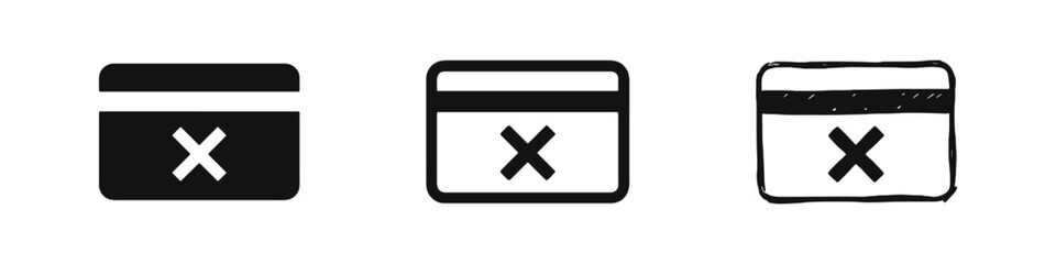 Obraz premium Credit Card Payment Error Icon Set with Cross Mark in Solid Outline and Hand Drawn Styles