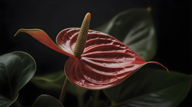 A stunning deep red anthurium flower with a textured spadix stands out dramatically against a deep black background in this close-up.