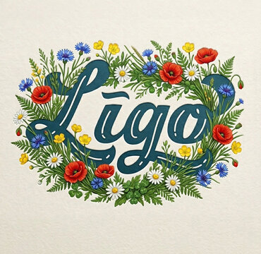 Ligo Midsummer Celebration Hand Lettering with Traditional Wildflower Wreath, Colorful Field Flowers, Poppies, Cornflowers and Daisies on White Paper Background for Greeting Cards and Folk Art Decor