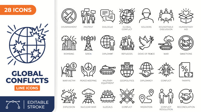 global conflicts icon set. Outline icons collection. Editable stroke. Vector illustration