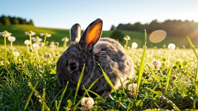 Cute gray bunny rabbit enjoys fresh green grass and clover field with morning dew drops during spring sunshine