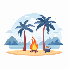 Obraz premium Tropical Island Camping Scene with Bonfire and Palm Trees
