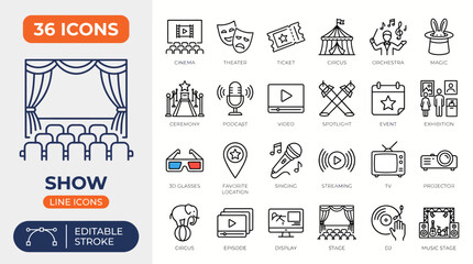 Show icon set. Contain icons related to cinema, entertainment, stage, theater, spotlight, ticket, magician, concert, event, circus and more. Editable stroke. Vector file illustration © MR7