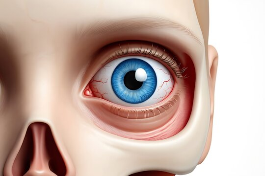 Extreme close up of human eye with blue iris and red veins pupil