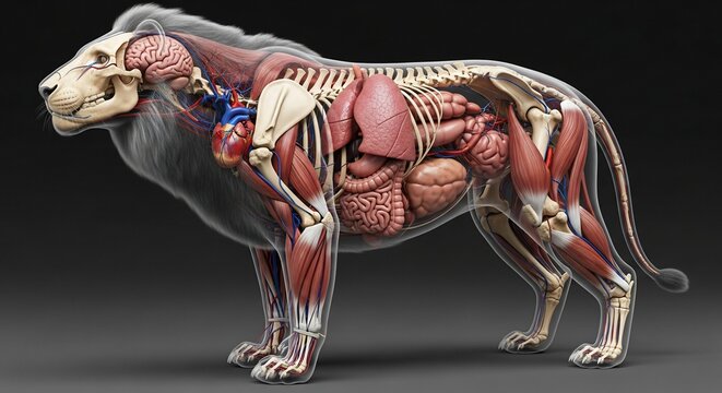 Lion anatomy illustration shows internal organs and skeletal system in detail standing still