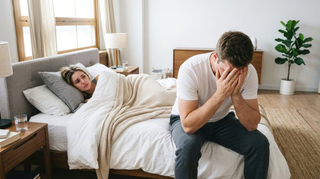 A man is sitting on the edge of a bed with his head in his hands. A woman is laying under a blanket looking at him from her side of the bed. It is daytime in a simple room.
