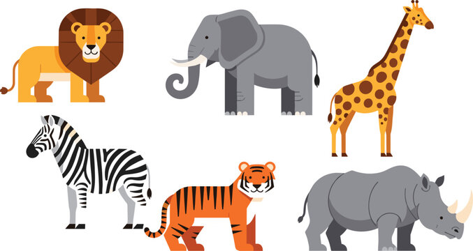 Wild Animal Vector Set Featuring Lion, Elephant, Giraffe, Zebra, Tiger, and Rhinoceros for Safari and Wildlife Designs