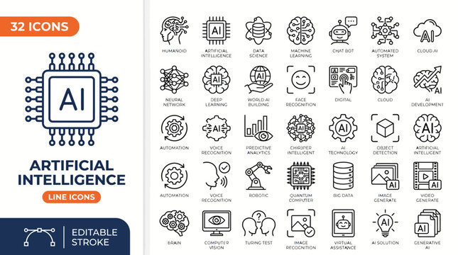Artificial intelligence icon set. Contain icons related to  AI, machine learning, virtual assistant, generative AI, robotics, data science, technology, and more. Editable stroke. Vector Illustration