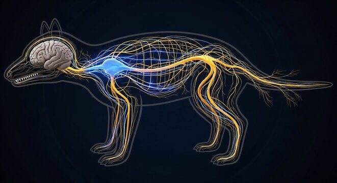 Anatomical illustration of a dog's nervous system with brain and nerves exposed