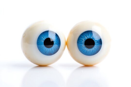 Two artificial blue eyeballs with black pupils on white background iris