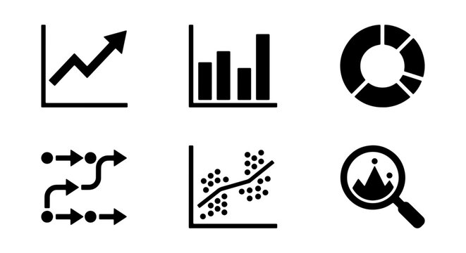 Business Growth Icons: Analytics, Charts, Data Visualization, Strategy Flow, Scatter Plot, Magnified Analysis