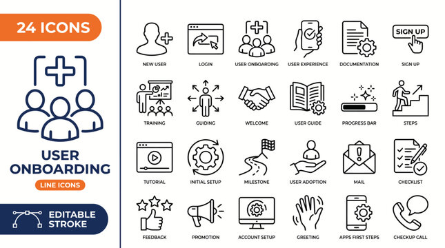User Onboarding line editable icon set. Contain icons related to account setup, login, tutorial, user guide, and more. Editable stroke. Vector illustration