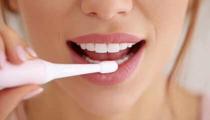 Naklejka premium A woman stands in a bathroom, holding an electric toothbrush close to her mouth. She smiles as she brushes her teeth, showing her bright smile. The setting seems fresh and tidy.