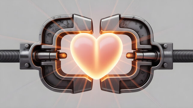 Illuminated glowing heart symbol securely held between two robust industrial metal vices demonstrating intense pressure or vital capture concept
