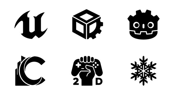 Game Development Icons Set: Unreal Engine, Unity, Gear Cube, Character, 2D Controller, Snowflake Graphics