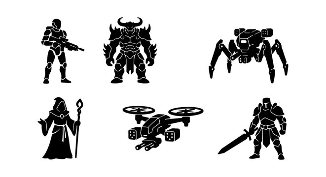 Sci-Fi Character Icons: Futuristic Soldier, Demon Warrior, Robot Spider, Mage, Drone, Knight