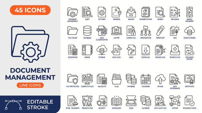 Document management line editable icon set. Contain icons related to Document, management, organization, folder, archive, storage, and more. Editable stroke. Vector illustration