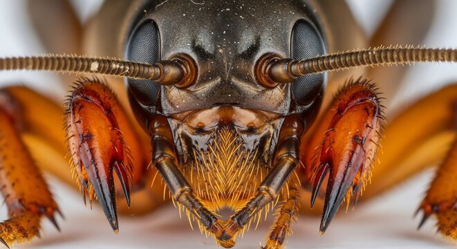 Close-up of a large insect with sharp claws and hairy body parts on white background, blm Ups (4)