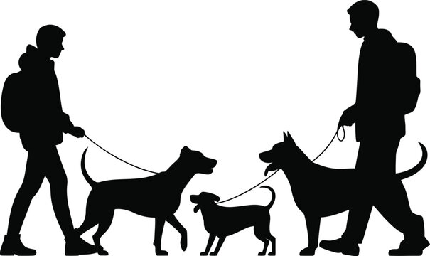 Silhouettes of Two Men Walking Dogs people leashes